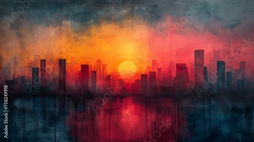 Paintings of abstract cityscapes and illustrations