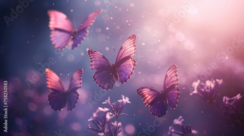  a group of purple butterflies flying in the air over a field of purple flowers with a blue sky in the background.
