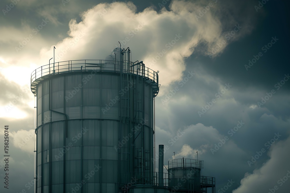 Industrial fuel storage against a moody sky, dramatic light and cloudscape