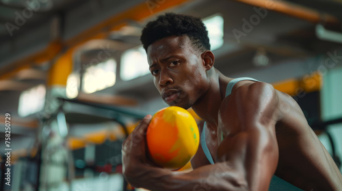 A detailed shot of a muscular basketball player's arms and torso holding a basketball in an indoor gym