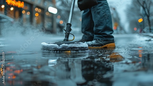 Person Standing on Wet Surface With Mop