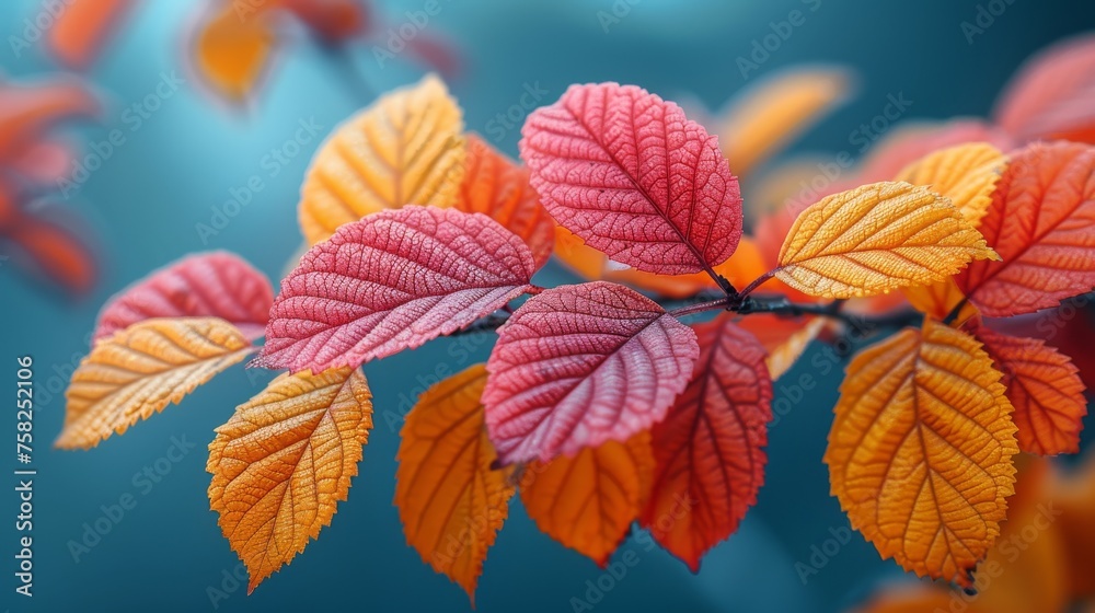 a branch with red, yellow, and green leaves in the foreground and a blue sky in the background. a branch with red, yellow, and green leaves in the foreground and a blue sky in the background.
