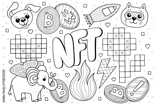 NFT concept line art, Non fungible Token sketch. NFT coloring page for adults
