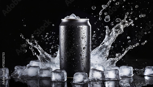 Black aluminum can with water splash and ice cubes. Beer or soda drink package. Refreshing beverage. photo