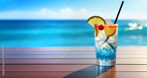 A glass of blue and white drink with a lime and cherry on top
