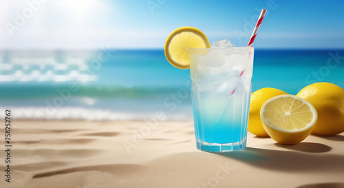 A glass of blue lemonade is on a beach with a straw in it