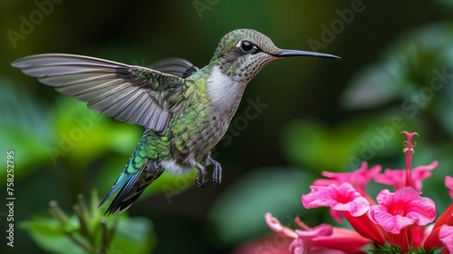  a hummingbird perched on top of a pink flower next to a green leafy plant with pink flowers in the foreground.