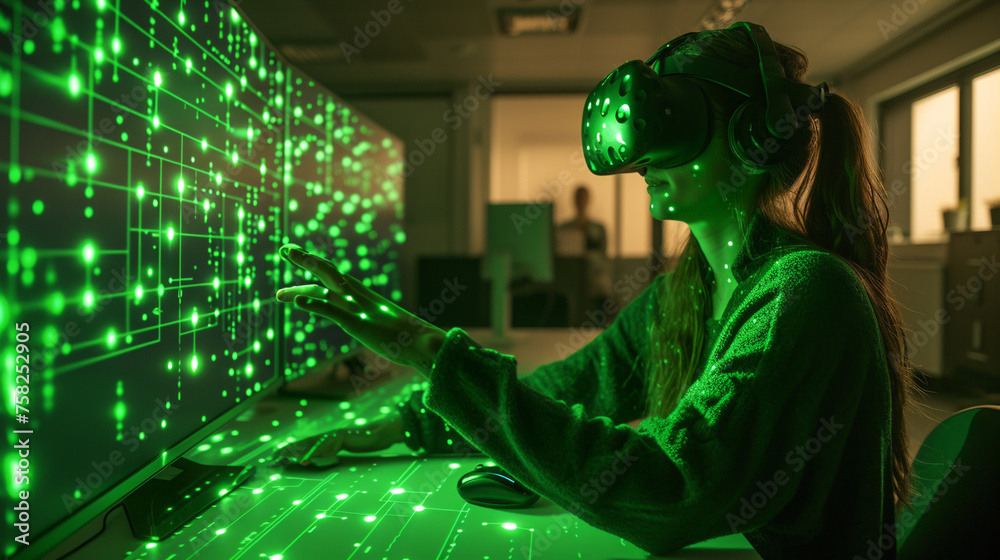 Young woman in a virtual reality helmet playing a game on a computer. AI. Young woman in a virtual reality helmet playing a game on a computer. AI.