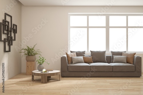 White living room with sofa. Scandinavian interior design. 3D illustration