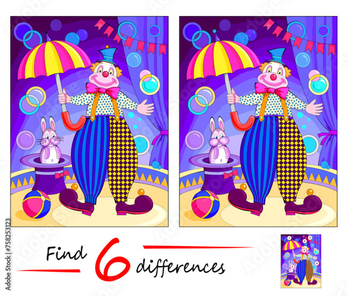 Find 6 differences. Illustration of a funny clown with rabbit in circus. Logic puzzle game for children and adults. Page for kids brain teaser book. Developing counting skills. Vector cartoon drawing