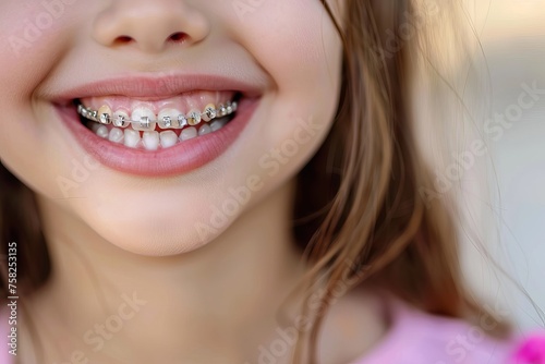 happy smile of a little girl with healthy white teeth with metal braces, dentistry concept