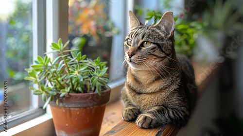 Cat Sitting on Window Sill Next to Potted Plant