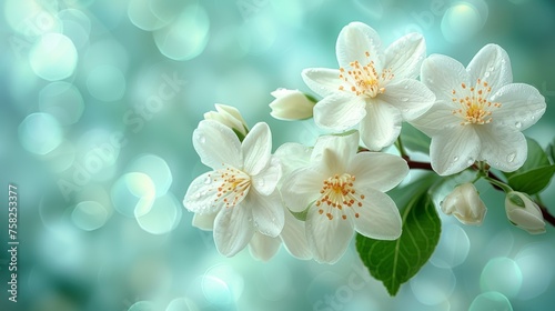  a branch of white flowers with green leaves on a blurry blue and green background with boke of light.