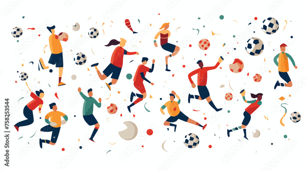 A playful pattern of soccer players kicking balls a