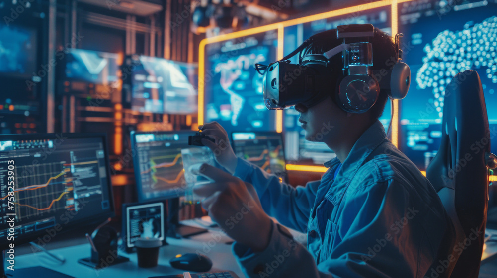 Individual deeply focused while using advanced VR technology in a sophisticated control room setup Individual deeply focused while using advanced VR technology in a sophisticated control room setup