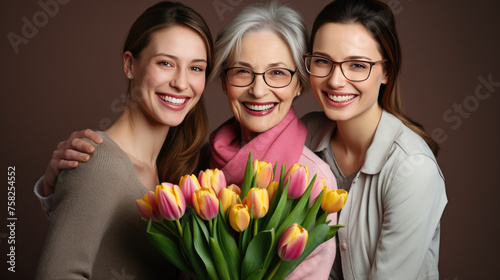 Smiling women of different ages, are closely grouped together with a bouquet of yellow and pink tulips in the foreground