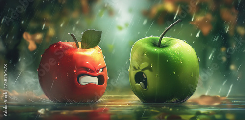 Grafika przedstawiająca dwa wyjątkowo ekspresyjne i kłócące się ze sobą jabłka, jedno zielone, drugie czerwone