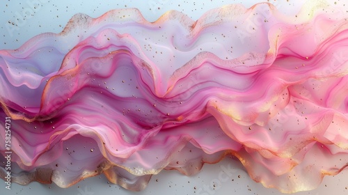  a piece of art that looks like a wave of pink, yellow, and white paint with gold flecks on it.