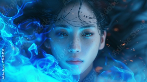 Woman's portrait with dramatic blue light and fire effect Generative AI image