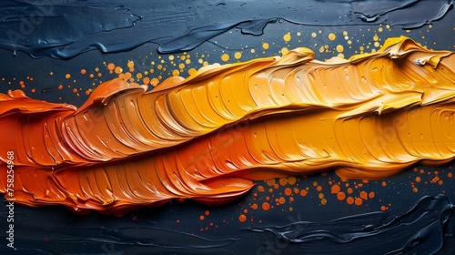 Paintings of abstract art, murals, contemporary art, paint spots, paint strokes, golden elements, orange, blue, gold, knife painting. Large strokes in oil.