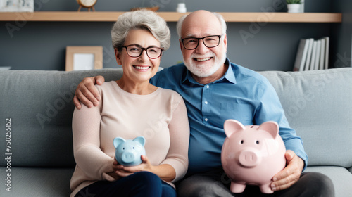 Cheerful senior couple sitting closely together on a sofa, holding a piggybank, symbolizing financial security and savings in their retirement years.
