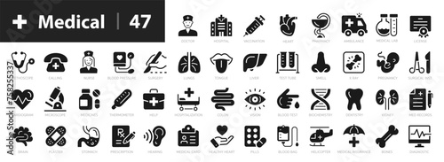 Medecine flat icons set. Medical and Health 47 icons collection. Doctor, medical card, diagnostic, pharmacy, ambulance, internal organs, sense organs, cardiogram - stock vector.
