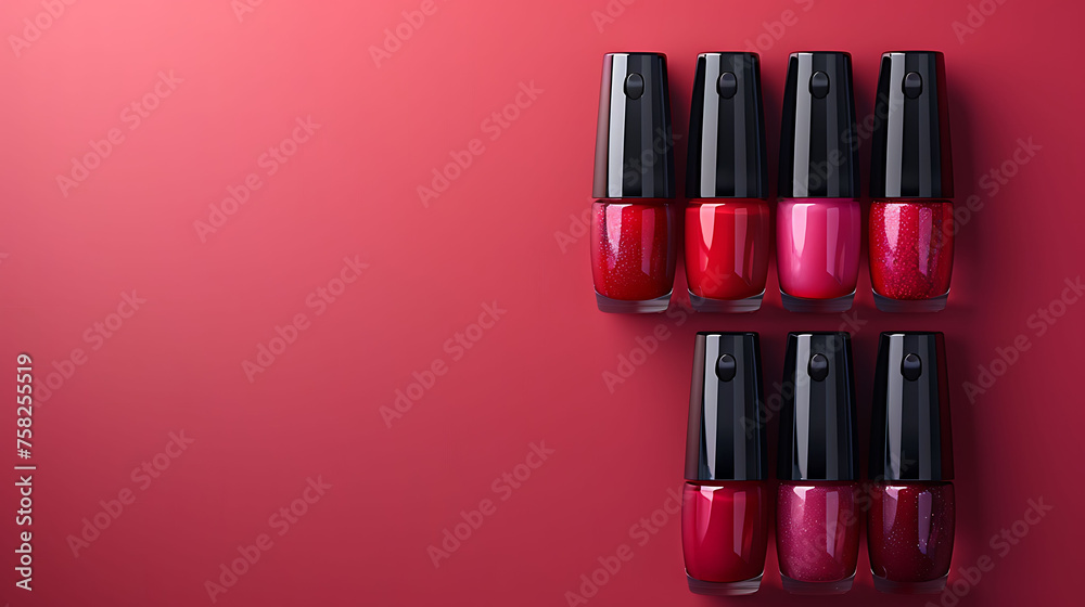 set of polish, Collection of red nail polish bottles on dark red background. Beauty and fashion concept. Design for cosmetics, manicure, and beauty product branding. Studio shot with copy space.
