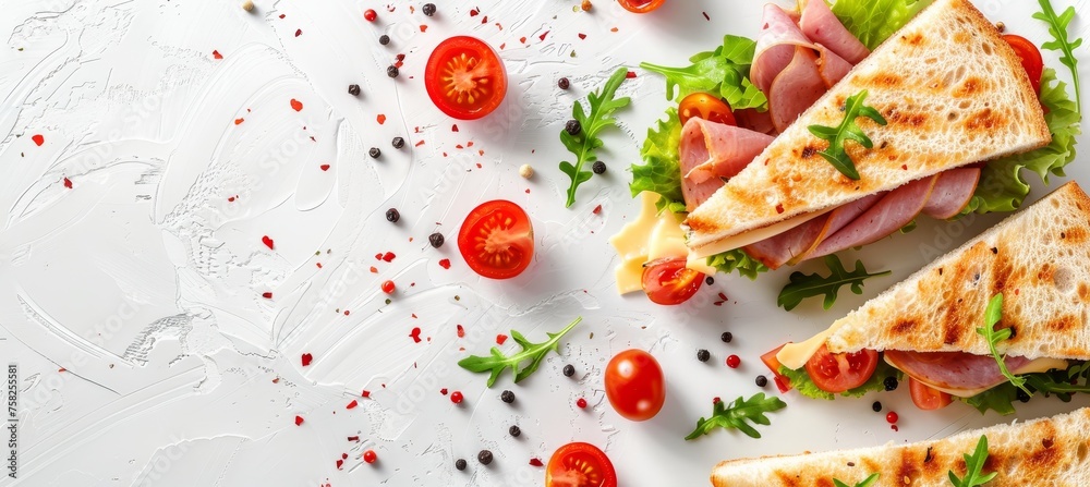 Delicious ham, cheese, and tomato triangle sandwich with salad on white background, copy space Delicious ham, cheese, and tomato triangle sandwich with salad on white background, copy space