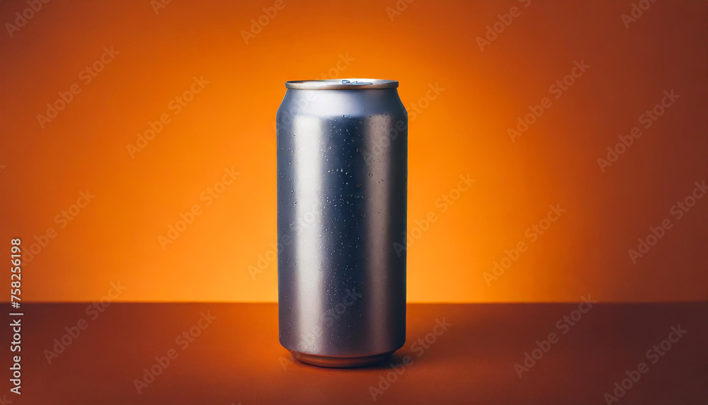 Silver aluminum can with condensation drops on orange studio background. Beer or soda drink package. Liquid in metallic container. Refreshing beverage.