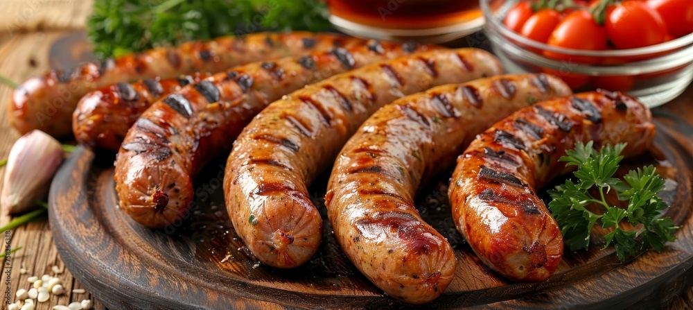 Sumptuous bbq dinner with golden sausages and ingredients on a tidy table, realistic style capture