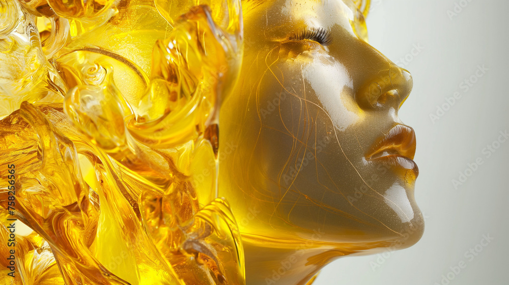 Wizualizacja przedstawiająca rzeźbę twarzy kobiety wykonaną z żółtego szkła - obrazy, fototapety, plakaty 