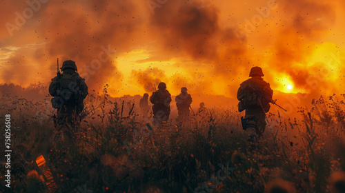Silhouette of a group of soldiers on a background of red and blue smoke
