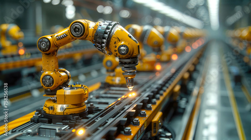robotic arms working on assembly line in factory. Concept of artificial intelligence for industrial revolution and automation manufacturing process