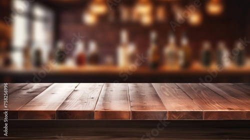 Bar Counter Mockup: Wooden Surface with Alcoholic Beverage Bottles