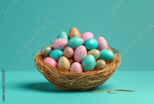 Easter Egg Basket: Pink and Blue Eggs on Blue Background