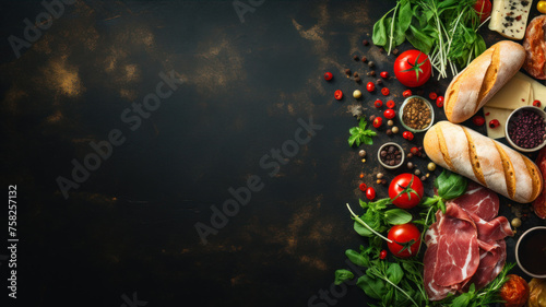 Fresh vegetables and spices on black wooden background. Top view with copy space
