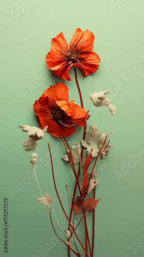 Dried poppy flowers on green background. Top view. Flat lay.