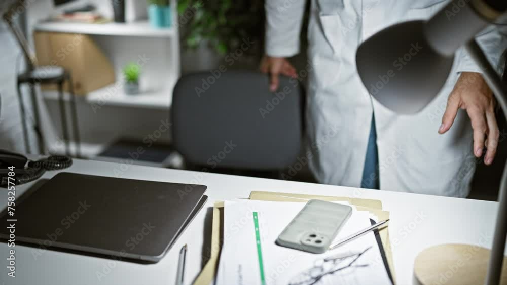 Focused man in white lab coat with stethoscope at medical office desk with laptop and documents Focused man in white lab coat with stethoscope at medical office desk with laptop and documents