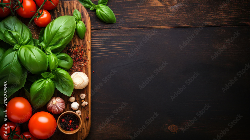 Fresh basil leaves, tomatoes and garlic on wooden background. Top view with copy space Fresh basil leaves, tomatoes and garlic on wooden background. Top view with copy space