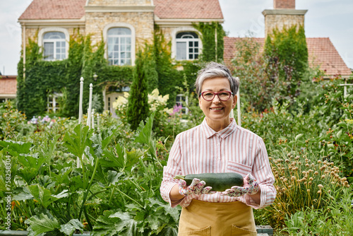 beautiful jolly mature woman in casual attire holding fresh zucchini in garden and smiling at camera