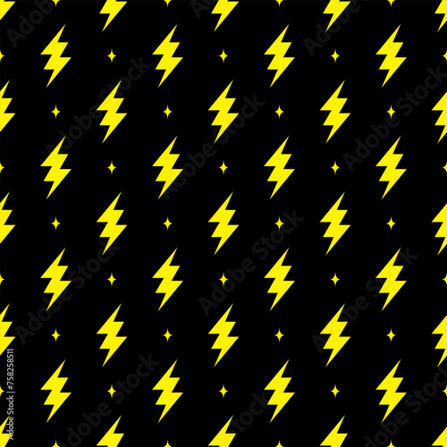 Yellow lightning bolt vector seamless pattern on black background.