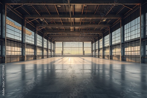 3d rendering of an empty warehouse with a lot of windows. 3d rendering of large hangar building and concrete floor and open shutter door in perspective view for background, AI Generated See Less
