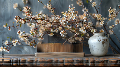 A minimalist scene with a wooden comb and ceramic pottery beside blooming branches