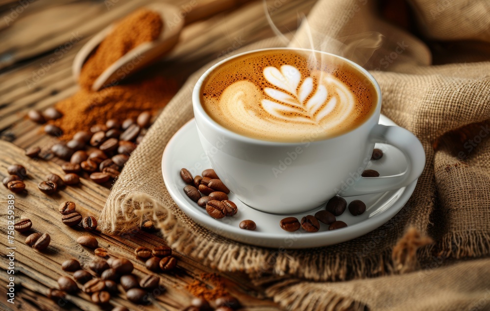 A steaming cup of latte art coffee resting on a wooden surface, surrounded by coffee beans and burlap, evoking a warm, cozy atmosphere A steaming cup of latte art coffee resting on a wooden surface, surrounded by coffee beans and burlap, evoking a warm, cozy atmosphere