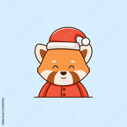 Christmas vector flat illustration in cartoon style with cute red panda dressed in Santa Claus suit