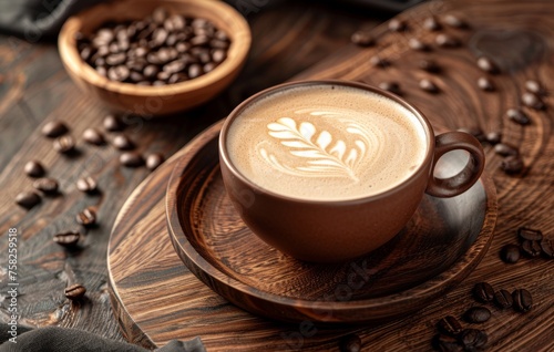 A steaming cup of latte art coffee resting on a wooden surface  surrounded by coffee beans and burlap  evoking a warm  cozy atmosphere