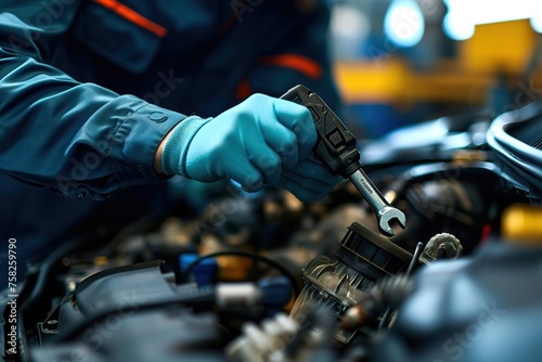 Auto mechanic working on car broken engine in mechanics service or garage. Transport maintenance wrench detial