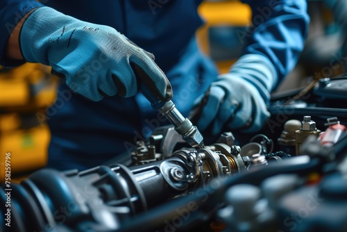 Auto mechanic working on car broken engine in mechanics service or garage. Transport maintenance wrench detial © Azar