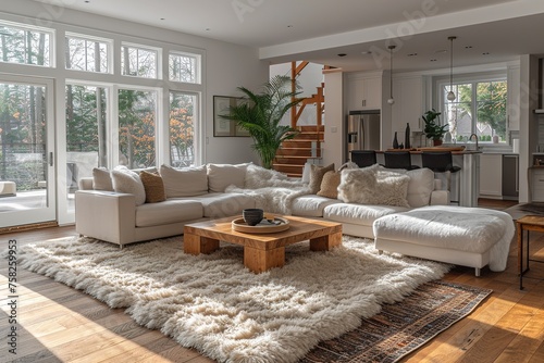 Beautiful and large living room interior with hardwood floors, fluffy rug and designer furniture. © Azar