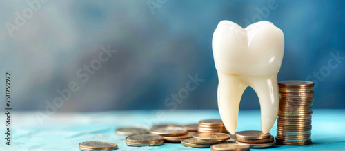 A tooth with a stack of coins highlighted on a blue background. Dental health. Copying space, panoramic image